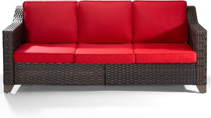 77'' Patio Sofa, All Weather Outdoor Rattan Wicker 3-Seat Sofa High Back Couch with Premium Cushions for Garden Backyard Porch(Brown/Red)