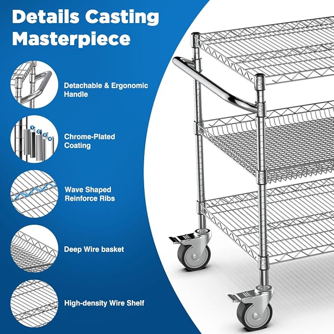Commercial Rolling Utility Cart,45In Large Kitchen Carts with Wheels | 3 Tier Heavy Duty Serving Cart with Handle & Shelf Liners, NSF Storage Cart for Restaurant,45"D x 25"W x 39"H-Chrome
