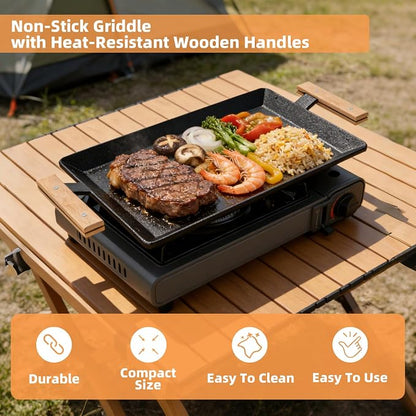 24 Inch Pre-Seasoned Carbon Steel Griddle for Stoves and BBQ Grills | Universal Flat Top Grill Plate with Anti-Scald Wood Handle, Works on Double Burner, Induction, Gas and Charcoal Grills