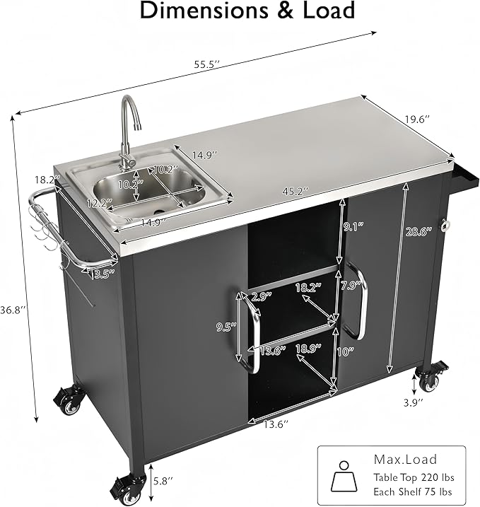 Merax 55.5" Outdoor Kitchen Island, Metal Grill Cart Table with 304 Stainless Steel Sink, Outdoor Bar Cart Sink Station with 4 Lockable Wheels for Pizza Prep & BBQ, Black