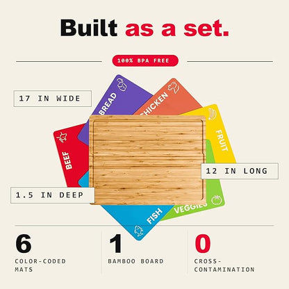 Cooler Kitchen Personalized Cutting Board Set - Custom Engraved Bamboo Charcuterie Board Set with 6 Color-Coded Mats — Engagement Gift, Wedding Gift, Housewarming Gift for Couples & Newlyweds - Large