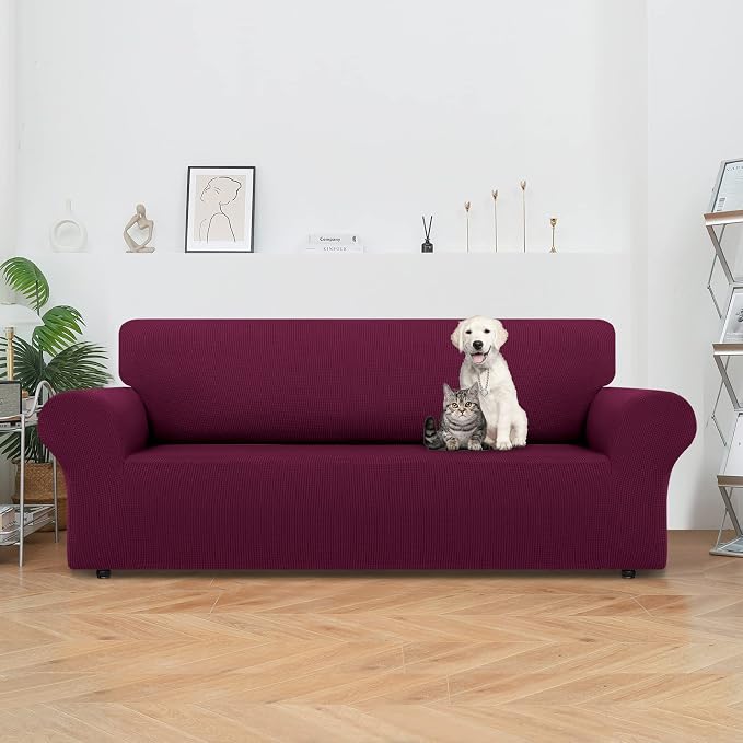 LURKA Stretch Couch Cover for Sofa, 1 Piece 3 Cushion Slipcover, Wine | Soft Stretch Jacquard, Fits 78"-94" Sofas, Elastic Bottom for Secure Fit, Machine Washable, Pet & Kid Friendly