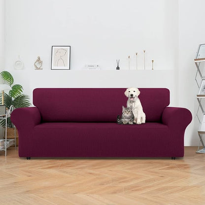 LURKA Stretch Couch Cover for Sofa, 1 Piece 3 Cushion Slipcover, Wine | Soft Stretch Jacquard, Fits 78"-94" Sofas, Elastic Bottom for Secure Fit, Machine Washable, Pet & Kid Friendly