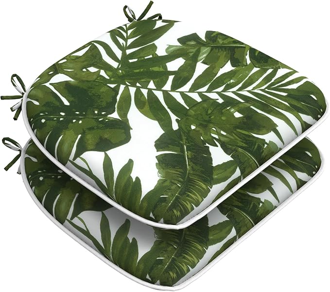 DYTXIII Set of 2 Outdoor Chair Cushions with Ties,Water Repellent Patio Chair Pads 17"x 16" for Outdoor Furniture,Round Corner Seat Cushions for Garden Yard Kitchen Palm Green