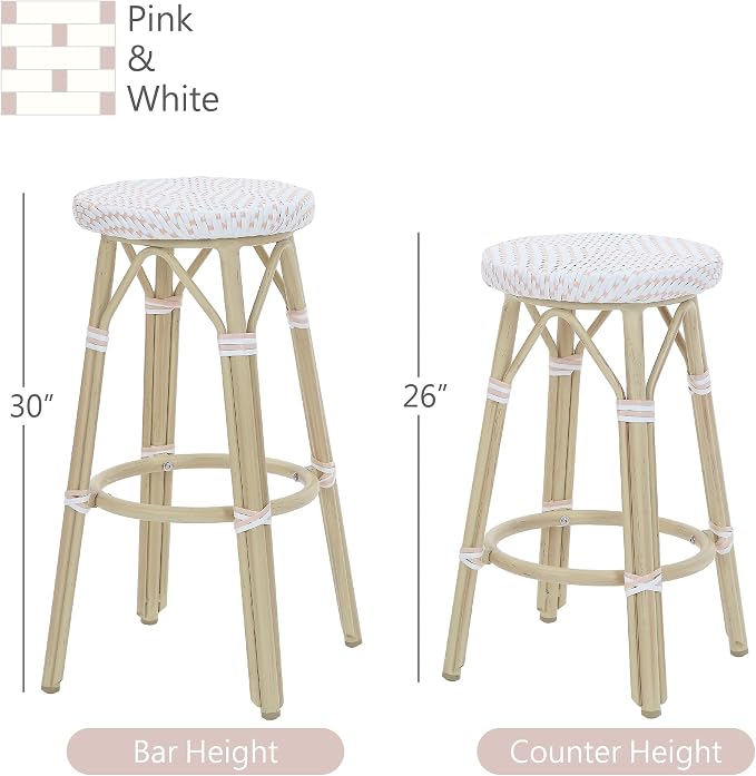 Seadrift Boho 26-inch Aluminum and All-Weather Wicker Barstools with Footrest, Patio Stools & Bar Chairs for Outdoor, Kitchen Counter, Poolside, Yard, Set of 2, White and Pink