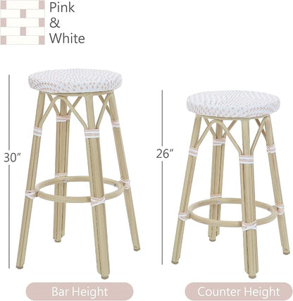 Seadrift Boho 26-inch Aluminum and All-Weather Wicker Barstools with Footrest, Patio Stools & Bar Chairs for Outdoor, Kitchen Counter, Poolside, Yard, Set of 2, White and Pink