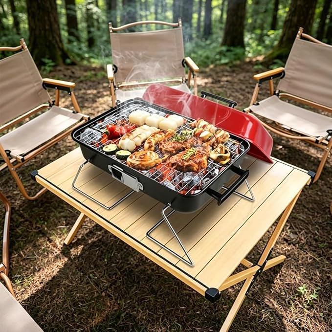 Portable Charcoal Grill, 19.7" Foldable BBQ Grill with Lid & Handle, 7 Air Vents, Compact Grill for Camping, Picnic, Backyard and Outdoor Cooking
