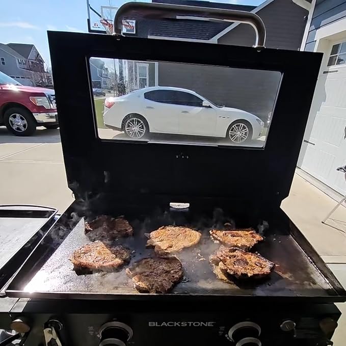 Upgrade Hinged Lid for Blackstone 28" Omnivore Griddle Hood,5857 Visualized Tempered Glass Hard Cover for Blackstone Lid 28" Omnivore 2206 1883 1517 2287 etc.Flat Top Griddle Accessories w/Thermometer