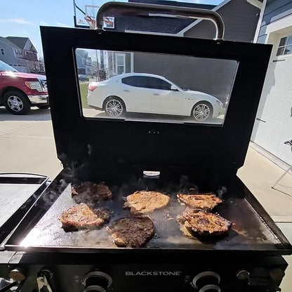 Upgrade Hinged Lid for Blackstone 28" Omnivore Griddle Hood,5857 Visualized Tempered Glass Hard Cover for Blackstone Lid 28" Omnivore 2206 1883 1517 2287 etc.Flat Top Griddle Accessories w/Thermometer