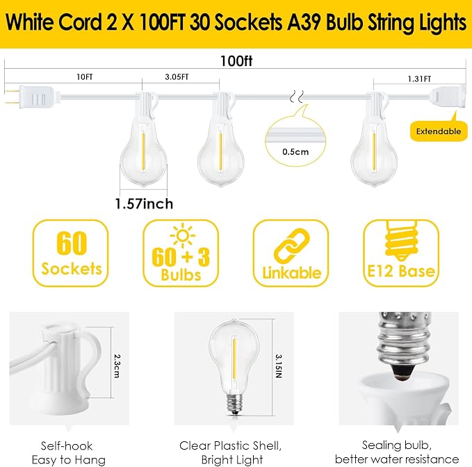 Larkvue 200FT(2x100FT) Outdoor String Lights, LED Patio Lights with 63 Waterproof Shatterproof A39 Dimmable Bulbs(3 Spare) for Deck Yard-2 Pack White