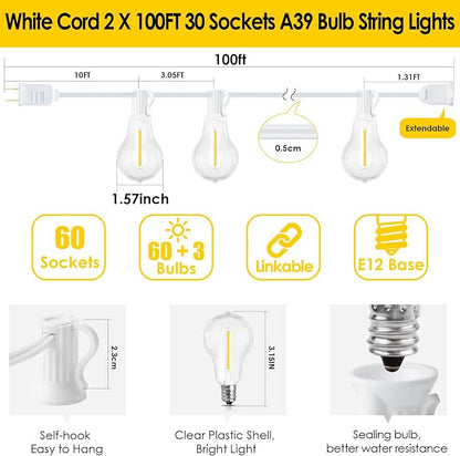 Larkvue 200FT(2x100FT) Outdoor String Lights, LED Patio Lights with 63 Waterproof Shatterproof A39 Dimmable Bulbs(3 Spare) for Deck Yard-2 Pack White