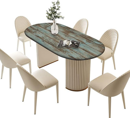 Wood Grain Fitted Oval Tablecloths, Green Rustic Weathered Wooden Planks Windproof Polyester Table Covers, Fits to 54x76 in Tables for Indoor Restaurant Outdoor Terrace Dining Decor
