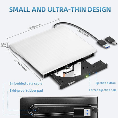 Ziweo External DVD Drive USB 3.0 Type-C Portable CD DVD +/-RW Drive for Laptop DVD Player CD ROM Rewriter Burner Compatible with Laptop Desktop PC Windows MacBook Mac Linux Mac OS Upgrade White