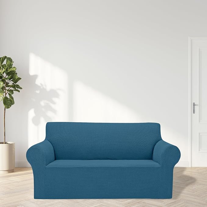 Cupuamon 2026 New Stretch Loveseat Sofa Slipcovers Couch Cover for 2 Cushion Furniture Protector Sofa Covers with Elastic Bottom Jacquard Fabric Small Checks for Pets, Kids - Peacock Blue