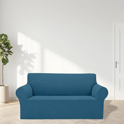 Cupuamon 2026 New Stretch Loveseat Sofa Slipcovers Couch Cover for 2 Cushion Furniture Protector Sofa Covers with Elastic Bottom Jacquard Fabric Small Checks for Pets, Kids - Peacock Blue