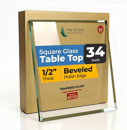 Tempered Glass Table Top 34 Inch Square Beveled Edge Clear Surface 1/2 Inch Thick for Home Office or Outdoor Furniture by Fab Glass and Mirror