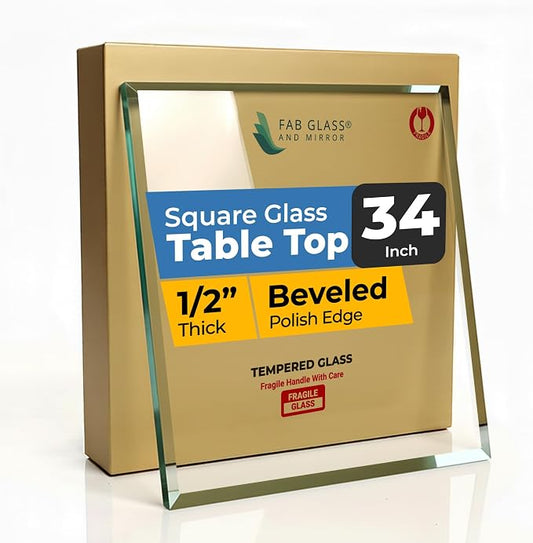 Tempered Glass Table Top 34 Inch Square Beveled Edge Clear Surface 1/2 Inch Thick for Home Office or Outdoor Furniture by Fab Glass and Mirror