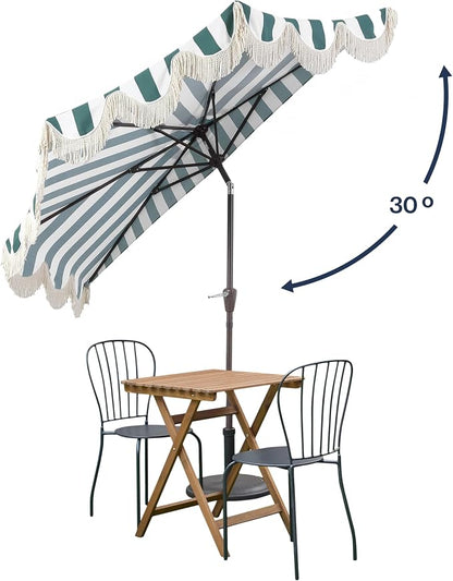 JONATHAN Y Beverly 9 ft. Striped Half Umbrella, Green/Dark Brown | Coastal Scalloped Fringe, Crank Lift, 30 Degree Manual Tilt, UV 50 Polyester Canopy, Aluminum Frame, Space Saving Design