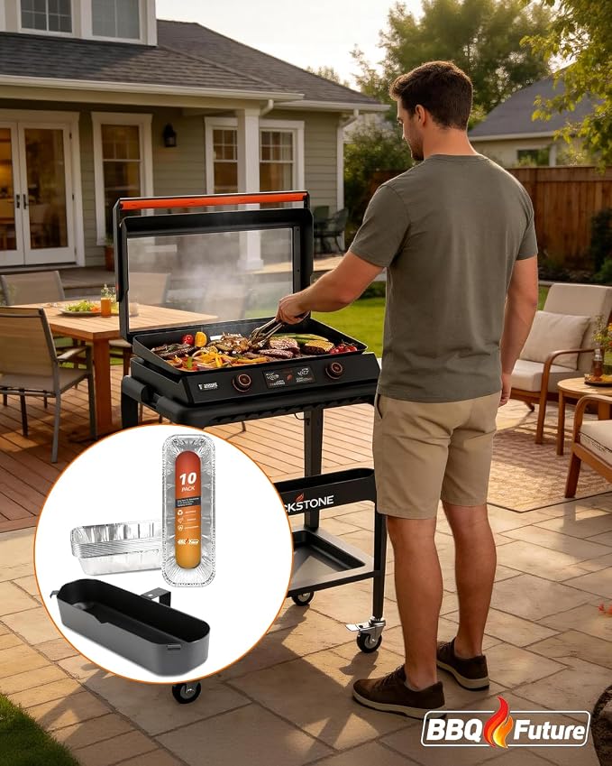 BBQ Future Grease Cup with 10 Pack Aluminum Foil Liners for Blackstone 22 Inch Electric Griddle, Grease Catcher Drip Pan Tray Replacement for 17" & 22" Electric Griddle Models 8001, 8003, 8000, 8005