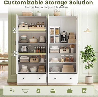 GIANTEX 72" Tall Kitchen Pantry Cabinet, Farmhouse Cupboard, White | Wooden Buffet Cabinet w/ 2 Doors, Drawer & Adjustable Shelf, Freestanding Versatile Storage Cabinet for Living Room Bathroom