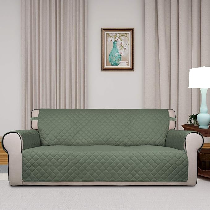PureFit Reversible Quilted Couch Covers for Dogs Oversized Sofa Cover 78” | Greyish Green/Beige, Water Resistant Couch Protector, Washable Pet Couch Cover with Non Slip and Elastic Straps For Kids