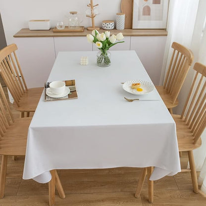 LIBERECOO Vinyl Tablecloth with Flannel Backing, Solid White, Waterproof, Stain-Resistant, Easy-Clean Table Cover for Dining, Kitchen, and Outdoor Use, 60" x 102" Rectangle