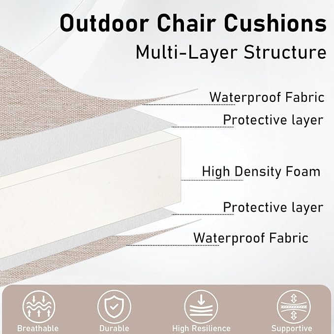 Topotdor Outdoor Chair Cushions Set of 2, Waterproof Patio Chair Cushions for Outdoor Furniture, Round Corner Seat Chair Pads with Ties for Patio Garden Dining Office, 18"x18"x2", Beige