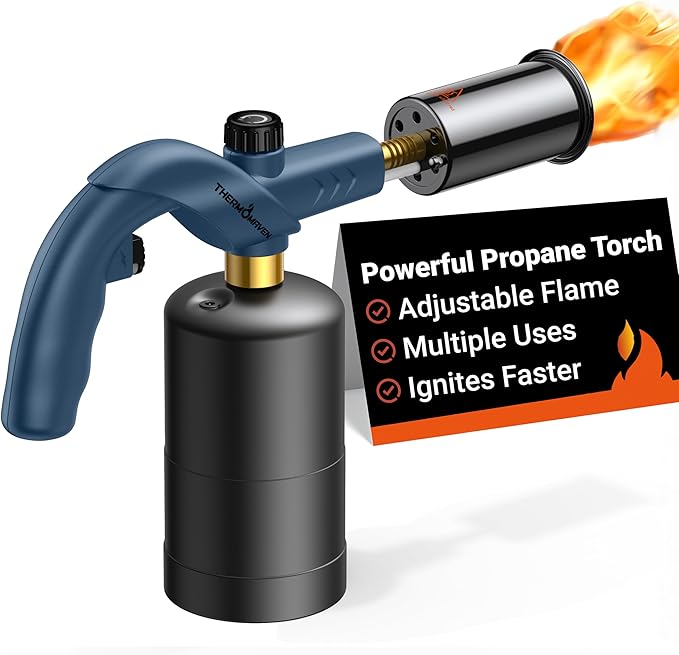 ThermoMaven Powerful Propane Torch, Kitchen Culinary Cooking Torch Lighter, Adjustable Blow Torch for Sous Vide Searing Steak, BBQ, Campfire Charcoal Starter, Gas Welding Kit, Blue (Tank Not Included)