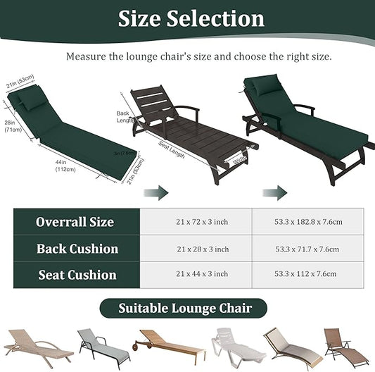Chaise Lounge Cushions Outdoor Set of 2 Lounge Chair Cushion 72" L x 21" W with Headrest Straps 3'' Thick Waterproof Patio Chaise Cushions Pool Lounger Chair Cushion(Dark Green)
