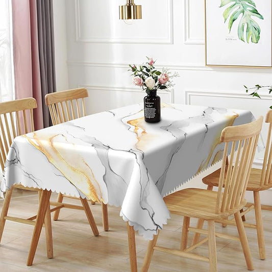 70x108inches White Gold Marble Tablecloth Rectangle Marble Texture Table Cloth Waterproof and Stain Resistant Fabric Table Cover for Kitchen Dinning Home Decor Indoor Outdoor Party Supplies