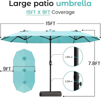 DomeShade 15ft Outdoor Umbrellas for Patio with Base,Outdoor Double-Sided Rectangle Market Umbrella with Crank Handle&Stand,Awnings for Outside Umbrellas for Poolside Lawn Backyard Garden,Turquoise