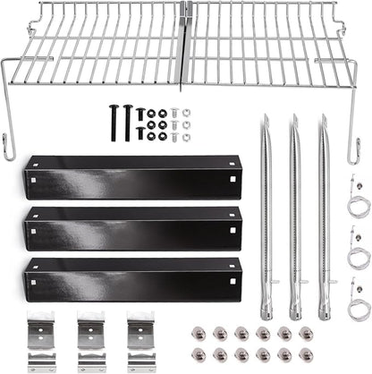 Criditpid Grill Replacement Parts for Chargriller 5050 5650 3001 5072 3008 Model. Grill Heat Plate Shield, Burners, Hanger Bracket, Igniter and Warming Rack for Char Griller Replacement Parts 5050.