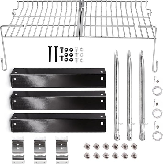 Criditpid Grill Replacement Parts for Chargriller 5050 5650 3001 5072 3008 Model. Grill Heat Plate Shield, Burners, Hanger Bracket, Igniter and Warming Rack for Char Griller Replacement Parts 5050.