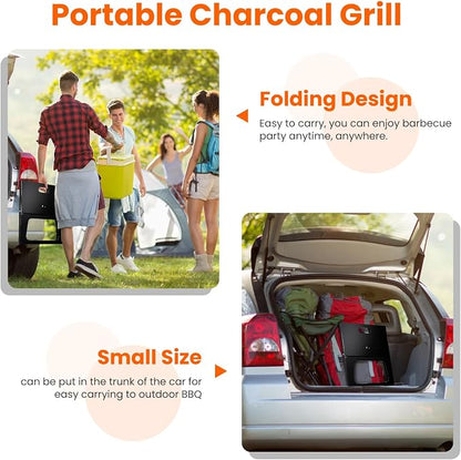 Folding Charcoal Grills, Black Notebook-Style Small Portable BBQ Grill for Outdoor Camping, Picnics, Cooking, Bonfire, Patio, Backyard