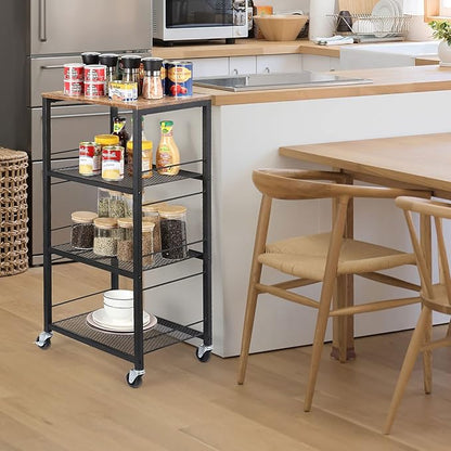 Kitchen Baker's Rack Microwave Cart 4-Tier Island Serving Bar Cart on Wheel Industrial Wood End Side Table Storage Trolley Rack for Bedside Bathroom and Office