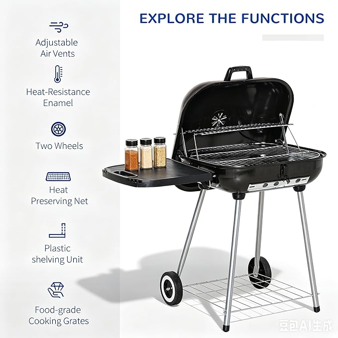Portable Charcoal Grill with Foldable Side Shelf & Bottom Shelf, BBQ Smoker with Wheels and Adjustable Lid Vents for Picnic, Camping, Backyard Cooking (35" x 23.5"x 32.75")