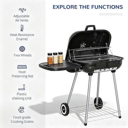 Portable Charcoal Grill with Foldable Side Shelf & Bottom Shelf, BBQ Smoker with Wheels and Adjustable Lid Vents for Picnic, Camping, Backyard Cooking (35" x 23.5"x 32.75")