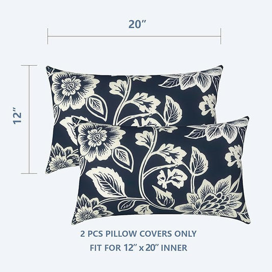 LVTXIII Set of 2 Patio Lumbar Pillow Covers ONLY, 12" x 20" Fade Resistant Outdoor Lumbar Pillow Cases,Decorative Garden Lumbar Cushion Covers for Patio Coach Sofa Use, Elegant Vines Navy