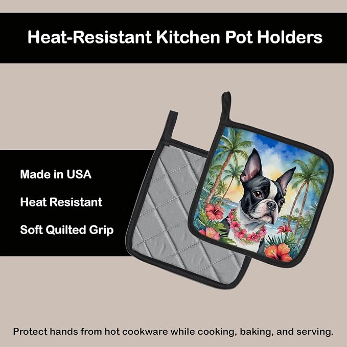 Caroline's Treasures Boston Terrier Luau Pair of Pot Holders Kitchen Heat Resistant Pot Holders Sets Oven Hot Pads for Cooking Baking BBQ, 7 1/2 x 7 1/2