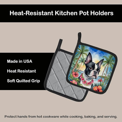 Caroline's Treasures Boston Terrier Luau Pair of Pot Holders Kitchen Heat Resistant Pot Holders Sets Oven Hot Pads for Cooking Baking BBQ, 7 1/2 x 7 1/2