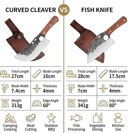 KOFERY Serbian Cleaver Hand Forged Viking Butcher Knife with 4Cr13 High Carbon Steel Full Tang for Camp Cooking, Outdoor BBQ, Butchering Meat & Fish, Includes Leather Sheath and Sharpener