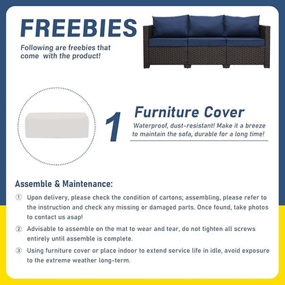 Rattan Star Patio Furniture Outdoor Couch 3 Seater Sofa Outdoor Brown Wicker Sofa Deep Seat High Backrest Patio Couch with Non-Slip Cushions and Waterproof Cover, Navy Blue