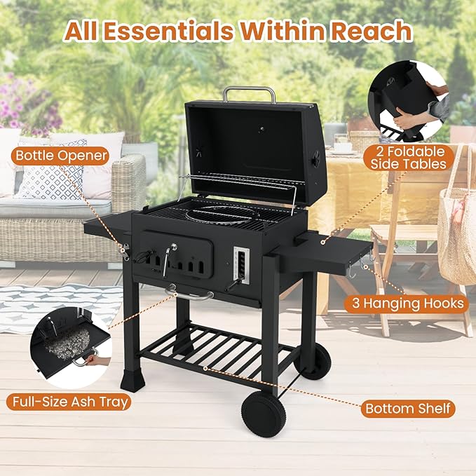 Barrel Charcoal Grill with Side Tables, 544 sq.in Cooking Space, Portable Camping Grill w/Wheels, Charcoal Tray, Pull-out Ash Tray, Thermometer, Outdoor BBQ Grill for Patio, Backyard, Party