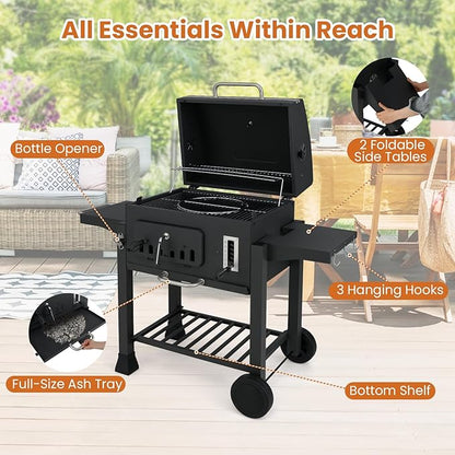 Barrel Charcoal Grill with Side Tables, 544 sq.in Cooking Space, Portable Camping Grill w/Wheels, Charcoal Tray, Pull-out Ash Tray, Thermometer, Outdoor BBQ Grill for Patio, Backyard, Party