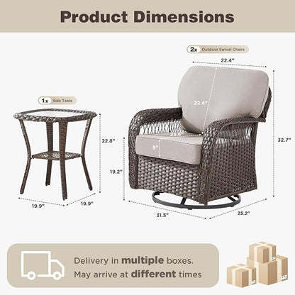 Belord 3 Piece Patio Set,Swivel Patio Chairs Set with Side Table, All-Weather Wicker Backyard Balcony Porch Seating Group,Beige