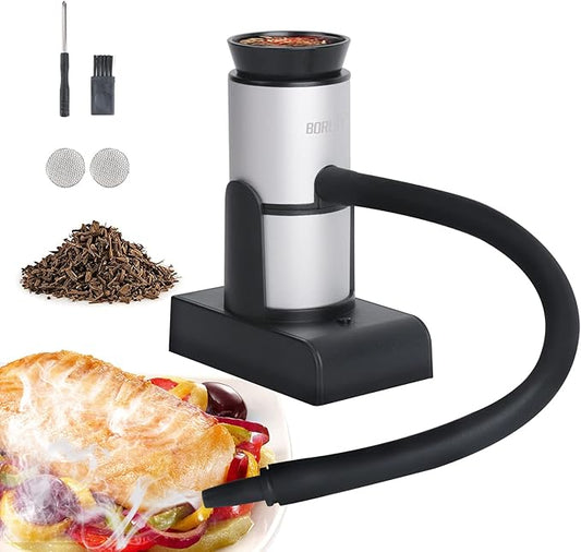 BORUIT Smoking Gun Cocktail Smoker Gun Includes Wood Chips and Accessories,Portable Drink Smoker,Indoor Food Smoker Infuser Kit for Cocktails,Meat,BBQ,Cheese,Veggies & Sous Vide（Silver)