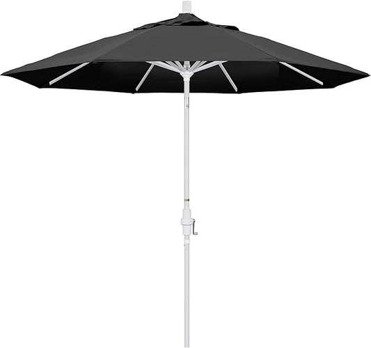 California Umbrella 9' Round Aluminum Market Umbrella, Crank Lift, Collar Tilt, White Pole, Black Olefin