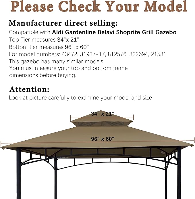 SCOCANOPY Grill Gazebo Replacement Top Compatible with Aldi Gardenline Belavi Shoprite Grill Gazebo,for Model Number: 822694,31937-17,21581,43472,812576(Tan)