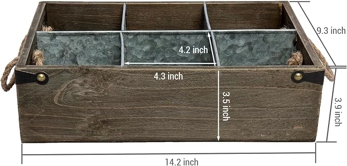MyGift Rustic Solid Wood and Galvanized Multipurpose Organizer Caddy with 6 Metal Partition Divided Slots and Rope Handles, Vintage Style Wine Bottle Crate Storage Gift Box