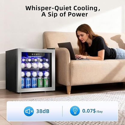Antarctic Star 48 Can Mini Beverage Refrigerator, 1.3 Cu.Ft Compact Drink Cooler with Glass Door, Adjustable Temp 40-61°F, Quiet Freestanding Wine & Soda Cooler for Home Office Dorm, LED Lit